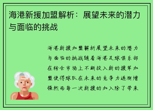 海港新援加盟解析：展望未来的潜力与面临的挑战