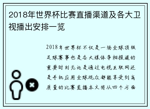 2018年世界杯比赛直播渠道及各大卫视播出安排一览